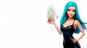 Изображение женского персонажа, держащего стопку монет, рекламирующего приветственный бонус в онлайн-казино Либет в игривом и привлекательном стиле.